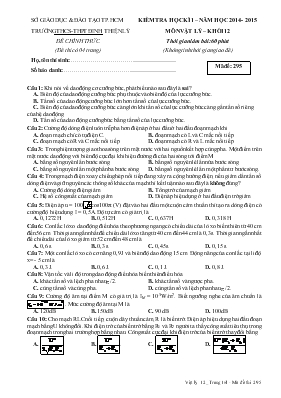 Đề thi Kiểm tra học kì 1  Năm học 2014 - 2015 môn vật lý  Khối 12 thời gian làm bài 60 phút